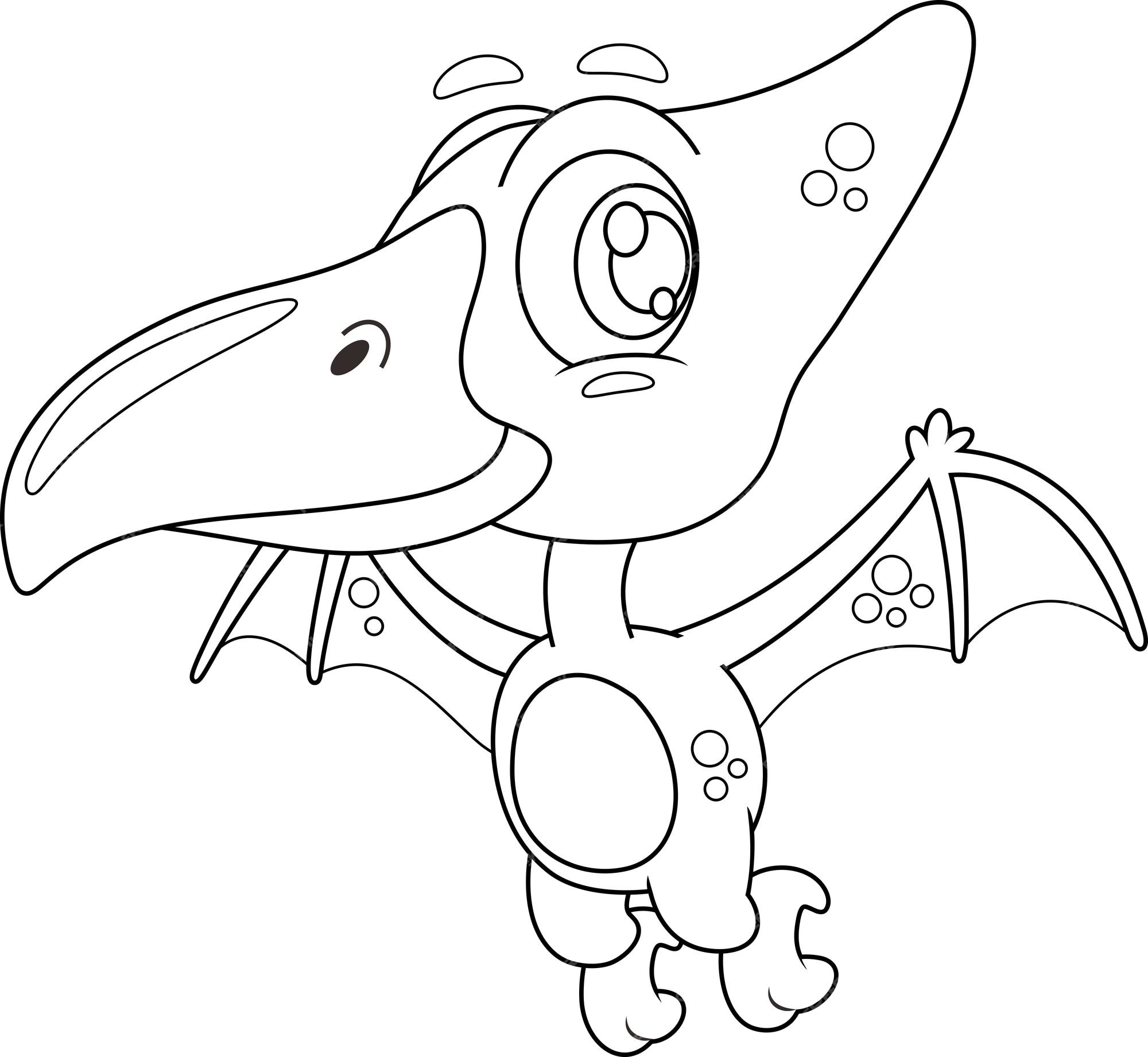 Black and white Pterodactyl dino flying among the clouds to nest with eggs.  Summer scene outline illustration with cute dinosaur. Funny prehistoric  reptiles coloring page for children. Stock Vector