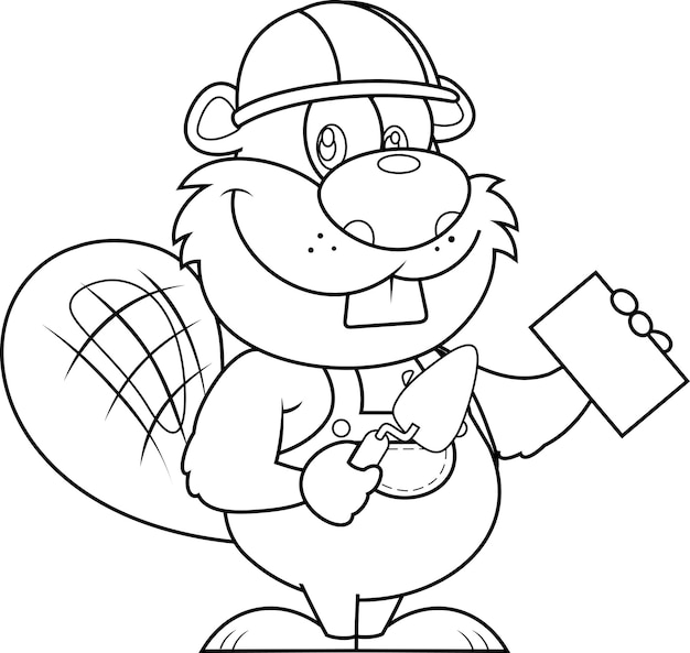 Vector outlined cute beaver builder cartoon character wearing a helmet and using trowel and brick