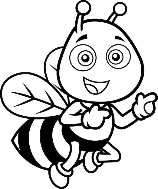 Vector outlined cute bee cartoon character flying and pointing. vector hand drawn illustration