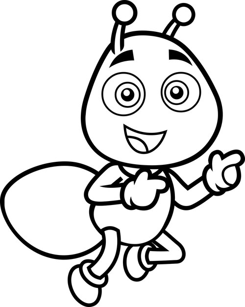 outlined cute bee cartoon character flying and pointing. vector hand drawn illustration