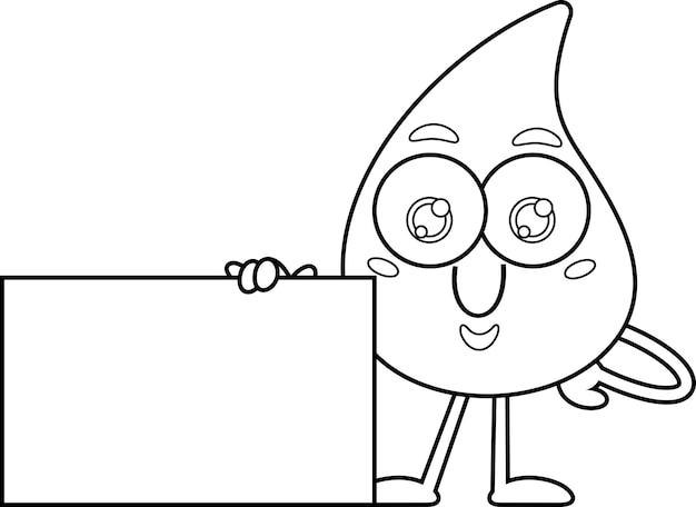 Outlined Cute Blood Drop Cartoon Character Holding A Blank Sign