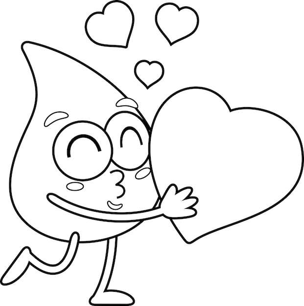 Outlined Cute Blood Drop Cartoon Character Hugging And Kiss Big Heart