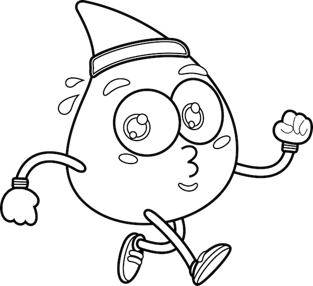 Outlined cute blood drop cartoon character jogging vector hand drawn illustration