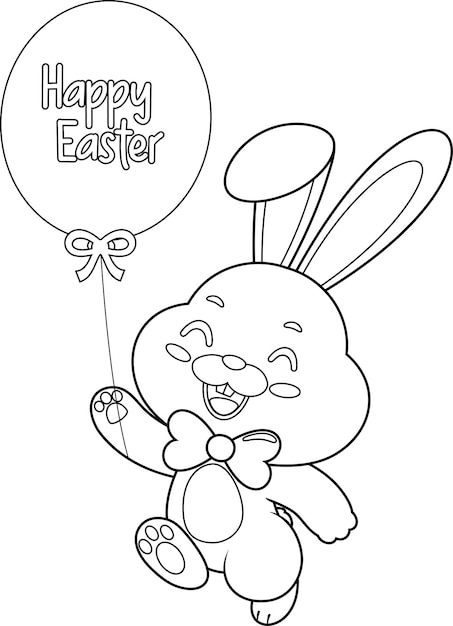 Outlined Cute Bunny Rabbit Cartoon Character Running With Balloon And Text Happy Easter