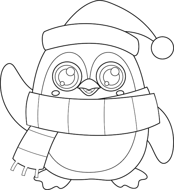 Outlined Cute Christmas Penguin Cartoon Character Waving For Greeting