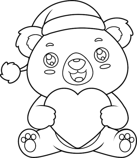 Outlined Cute Christmas Teddy Bear Cartoon Character Holding A Heart