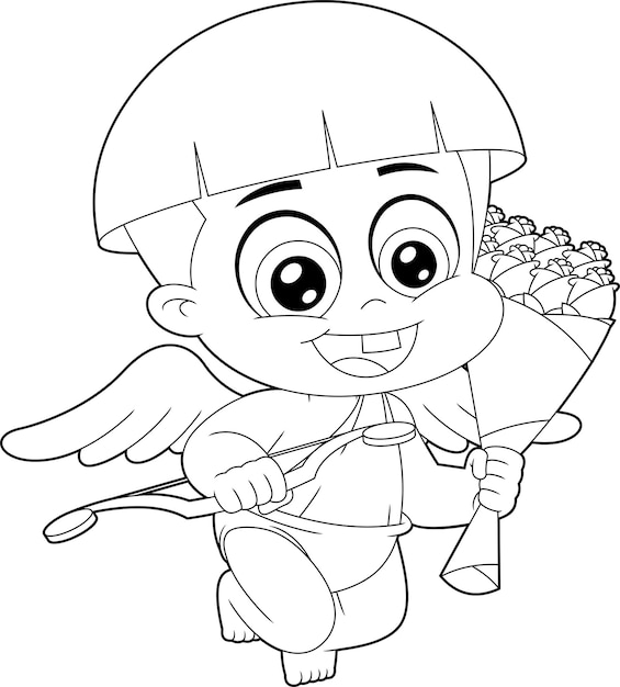 Outlined Cute Cupid Baby Cartoon Character Holding Heart Gift Bouquet