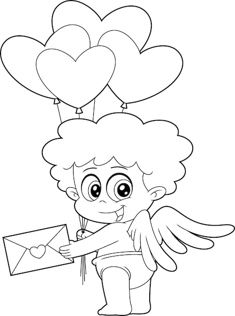 Outlined Cute Cupid Baby Cartoon Character With Heart Balloons Holding Love letter