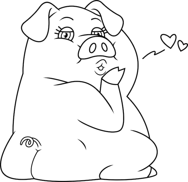 Outlined Cute Female Pig Cartoon Character In Love Sends Kisses With Hearts