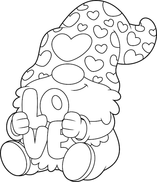 Outlined Cute Gnome Lover Cartoon Character Holding A Red Text Love