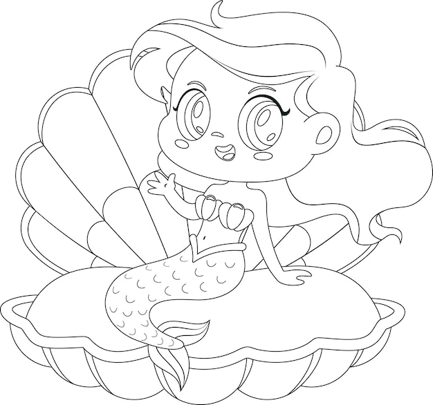 Outlined Cute Little Mermaid Girl Cartoon Character In Clam Shell Waving