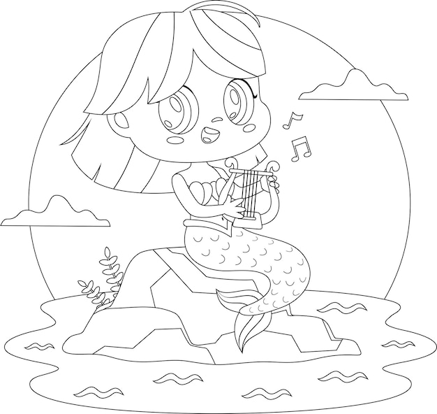 Outlined Cute Little Mermaid Girl Cartoon Character Sitting On A Rock And Plays The Harp