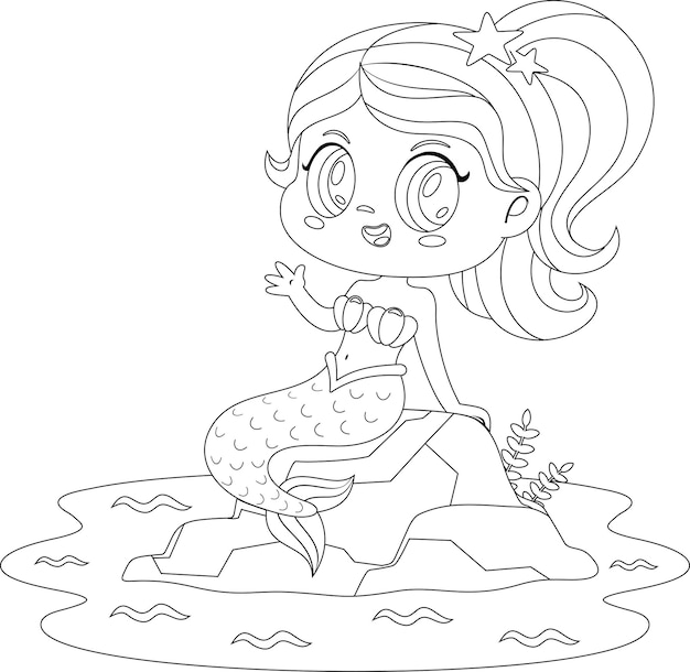 Outlined Cute Little Mermaid Girl Cartoon Character Sitting On A Rock And Waving