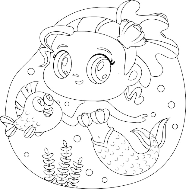윤곽이 있는 귀여운 인어 소녀 만화 캐릭터는 물고기와 함께 수중 수영을 합니다