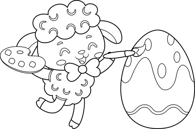 Outlined Cute Little Sheep Cartoon Character Painting Colorful Easter Egg