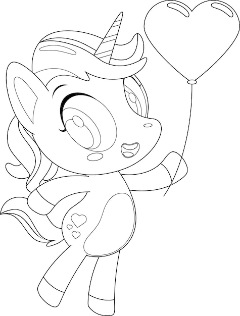 Outlined Cute Magical Baby Unicorn Cartoon Character Holding Up A Heart Balloon