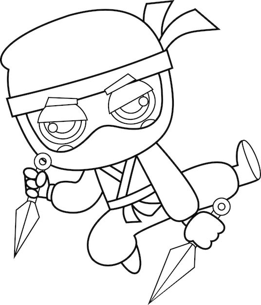 Vector outlined cute ninja boy warrior cartoon character jumping with two kunai throwing knives