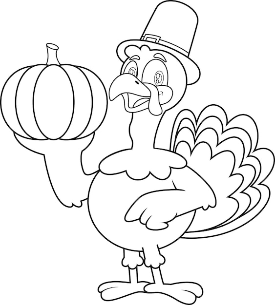 Outlined Cute Pilgrim Turkey Cartoon Character Holding A Pumpkin