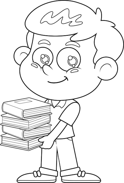 Outlined Cute School Boy Cartoon Character Holding Stack Of Textbooks