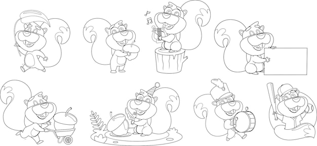 Outlined cute squirrel cartoon character in different poses vector handgetekende collectie set