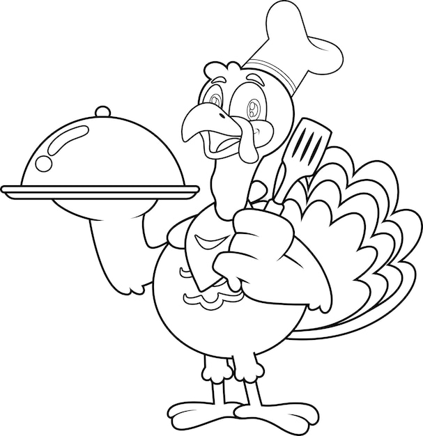 은색 플래터에 음식을 제공하는 귀여운 칠면조 요리사 만화 캐릭터 설명