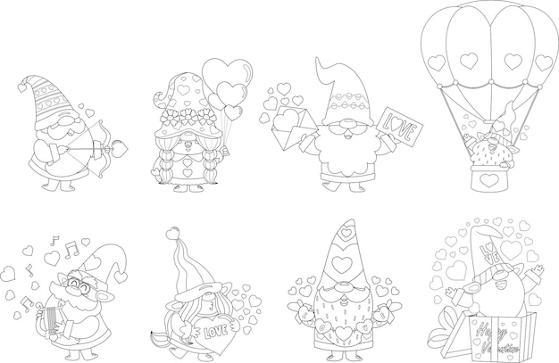 Outlined Cute Valentine Gnomes Cartoon Characters Vector Hand Drawn Collection Set