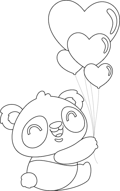 Outlined Cute Valentine Panda Bear Cartoon Character Holding Hearts Balloons