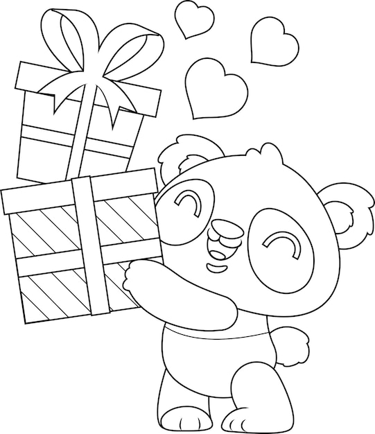 Vector outlined cute valentine panda bear cartoon character holding up a gift boxes with hearts