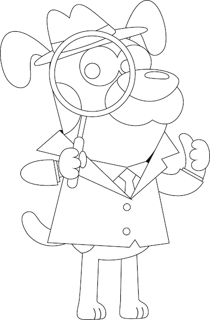 Outlined detective dog cartoon character holding a magnifying glass vector hand drawn illustration
