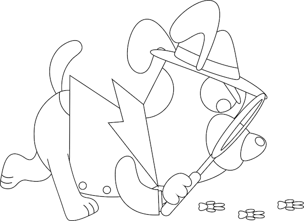 手がかりを追って虫眼鏡で輪郭を描かれた探偵犬の漫画のキャラクター