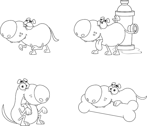 Outlined dog cartoon character in different poses. vector hand drawn collection set