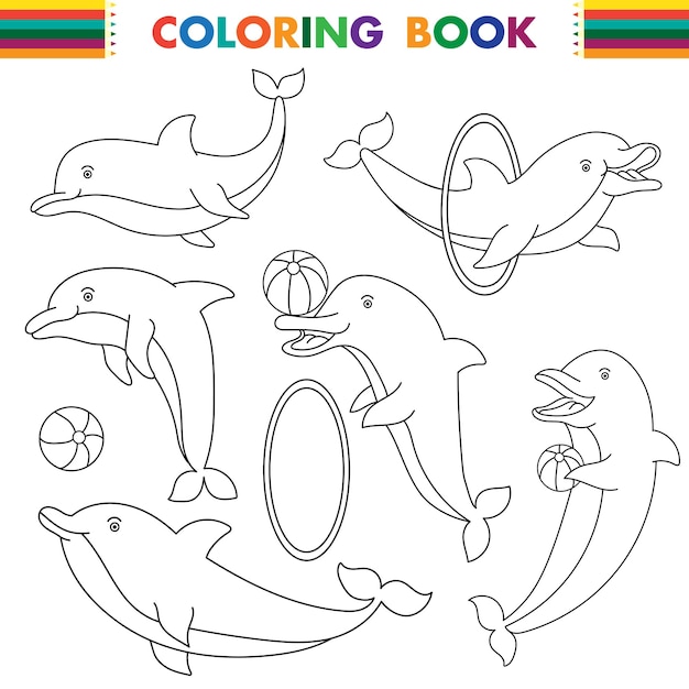 Outlined dolphin set for coloring page isolated on white background