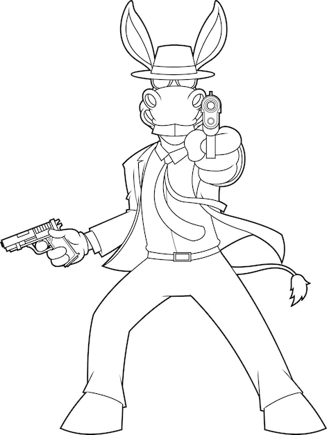 Outlined Donkey Spy Secret Agent Cartoon Personage met twee geweren