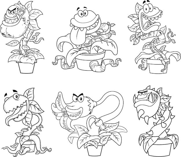Outlined Evil Carnivorous Plants Cartoon Characters Vector Hand Drawn Collection Set