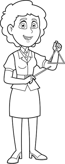 Outlined Female Teacher Cartoon Character Holding A Triangle Musical Instrument