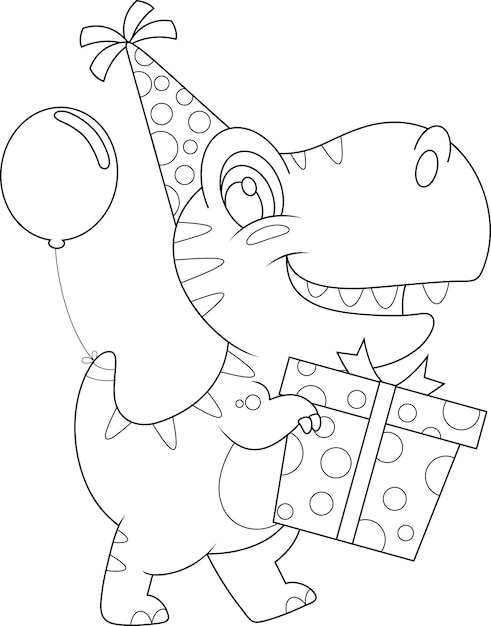 Outlined Funny Birthday Dinosaur Cartoon Character With A Party Hat Holding A Gift Box