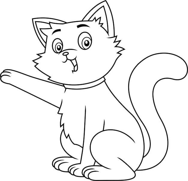 Il personaggio dei cartoni animati del gatto divertente delineato dà l'illustrazione disegnata a mano di vettore della zampa