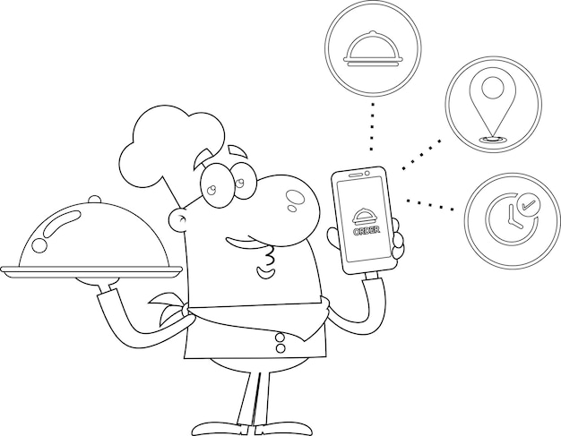 Outlined Funny Chef Man Cartoon Character With Silver Platter And Smartphone For Order Food Online