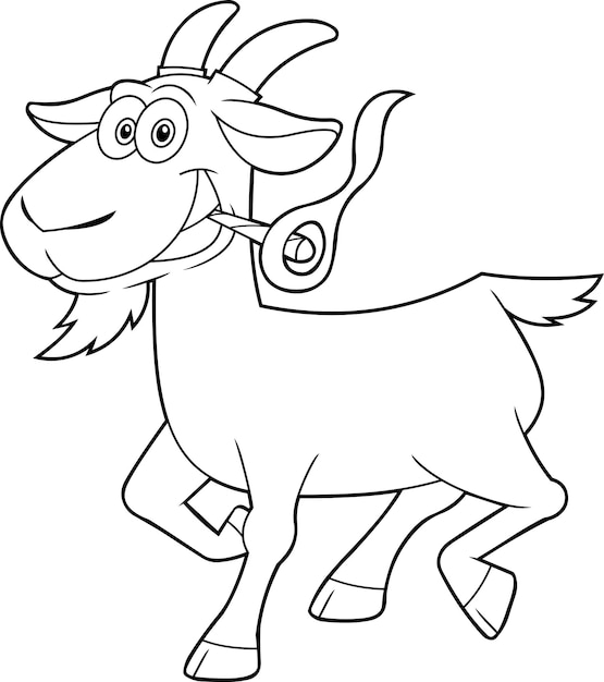 Outlined Funny Goat Cartoon Character Running And Smoking A Joint