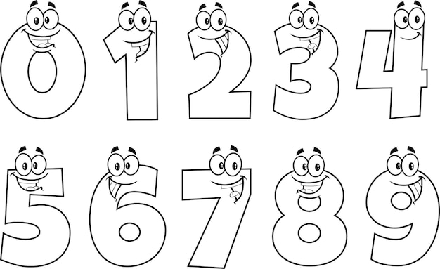 Vector outlined funny number cartoon characters different poses. vector hand drawn collection set