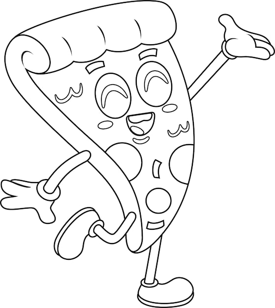 Outlined Funny Pizza Slice Retro Cartoon Character Waving Vector Handgetekende illustratie