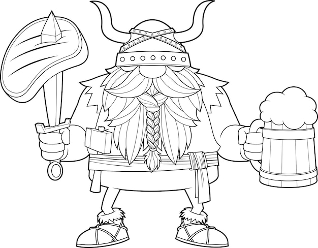 Outlined Gnome Viking Warrior Holding A Sword With Steak And Mug of Beer