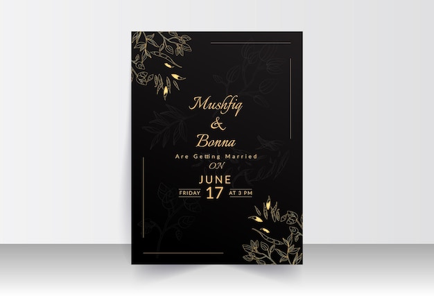 Outlined golden flower leaves and black background weeding card