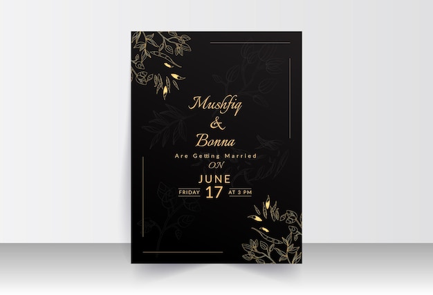 Vector outlined golden flower leaves and black background weeding card