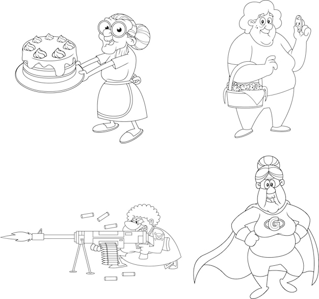 Обрисованные в общих чертах герои мультфильмов "Бабушка". Набор векторных коллекций на белом фоне
