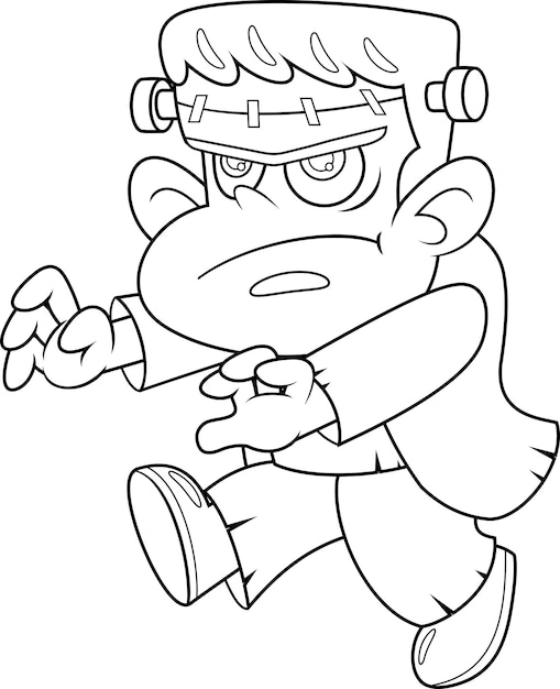 Outlined Halloween Frankenstein Cartoon Character Walking With His Arms Out