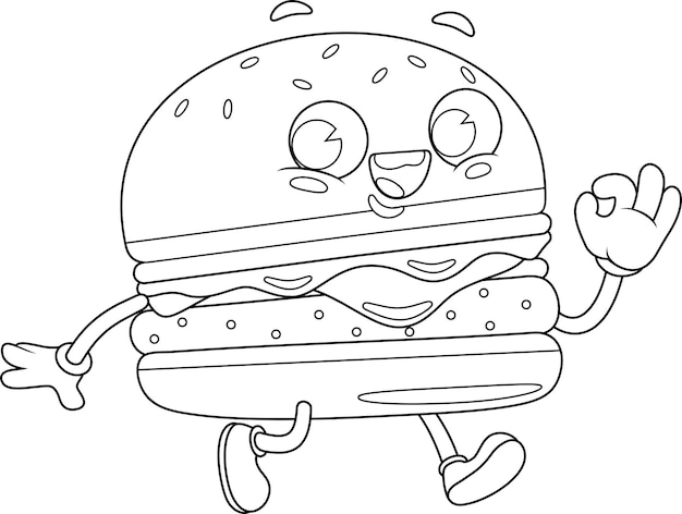 Vettore descrizione happy burger retro personaggio di cartone animato vettore illustrazione disegnata a mano