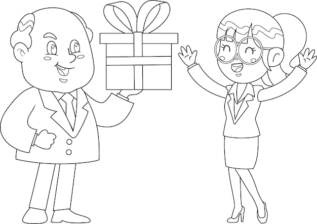 Outlined Happy Business Boss Man Surprising Secretary With Gift Cartoon Characters