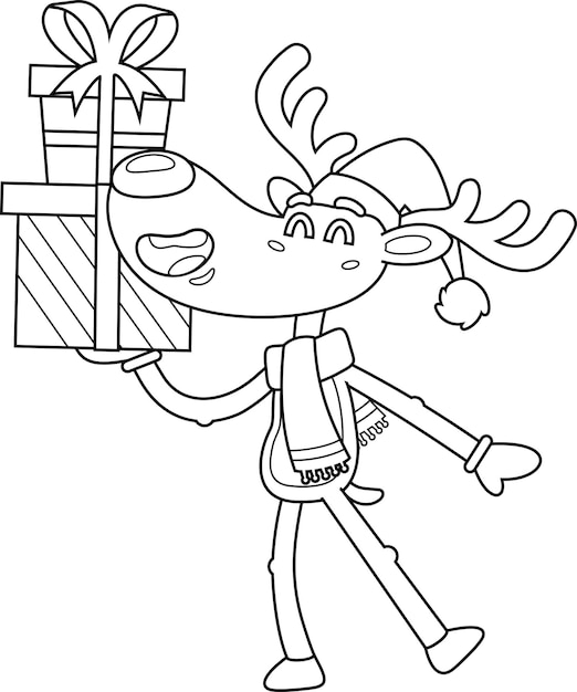 Outlined Happy Christmas Reindeer Cartoon Character Holding Up A Gift Boxes