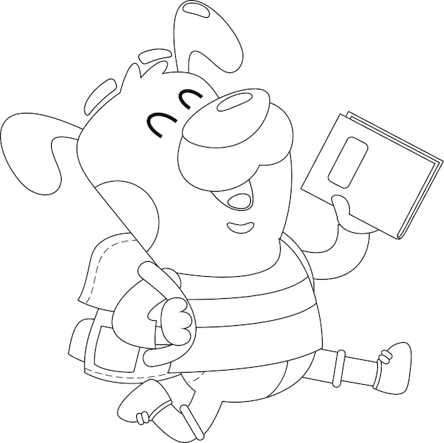 outlined happy dog cartoon character goes to school with a backpack and a textbook